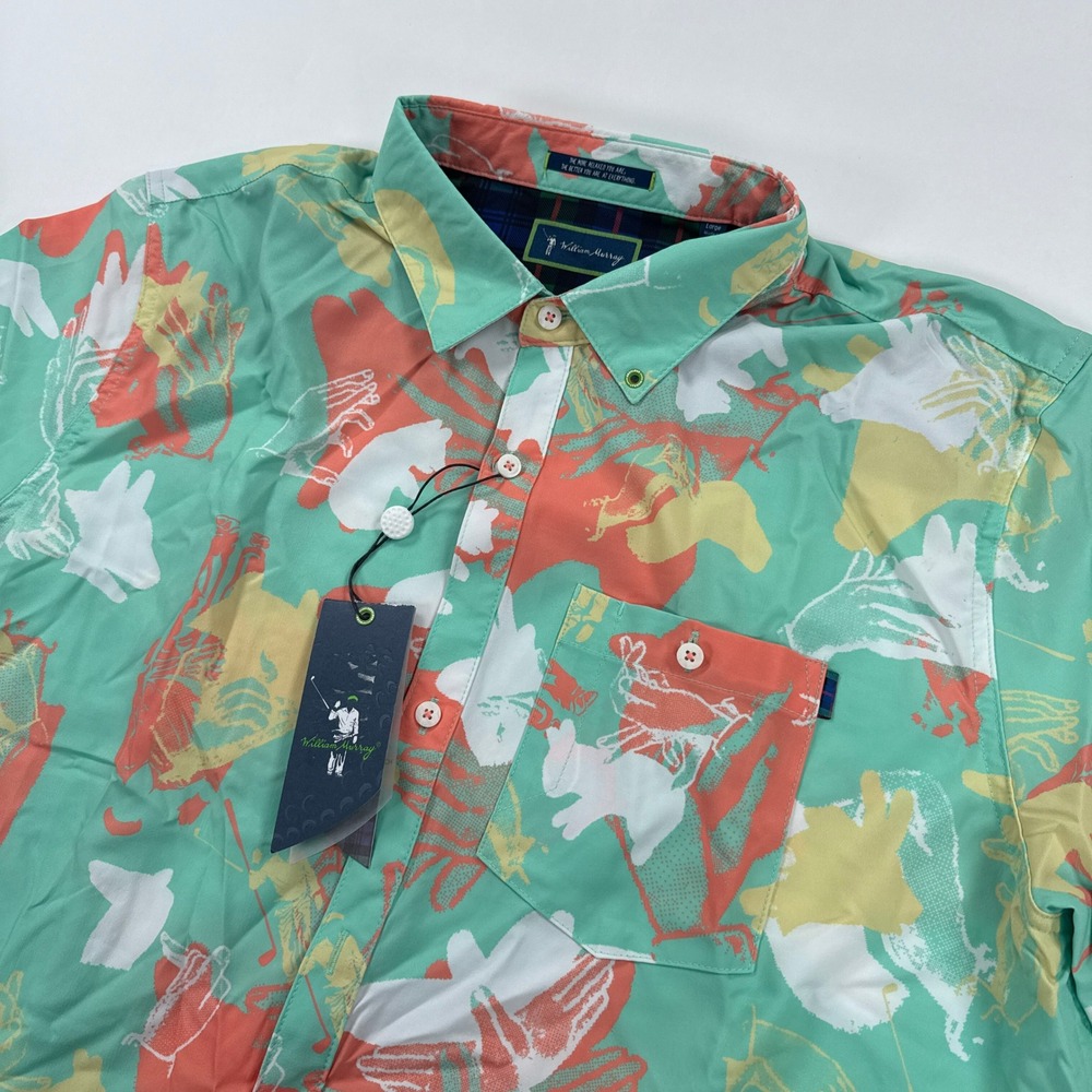 William Murray Mens Golf Shirt Large NWT Shadow Puppets Short Sleeve Button Down